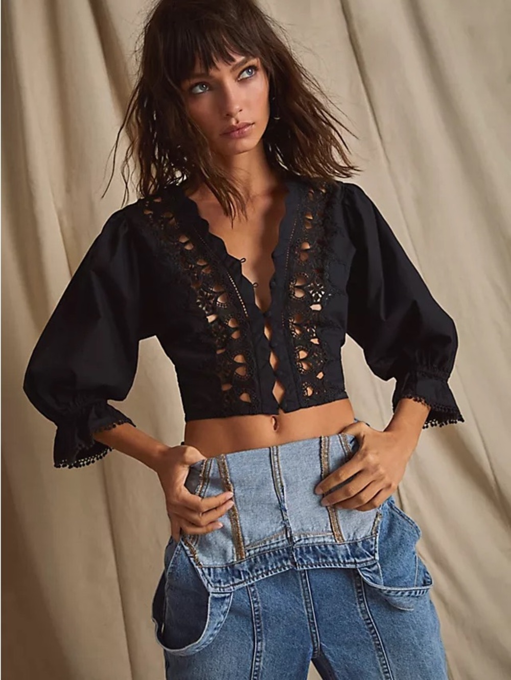 Free People Louella Black 3/4 Sleeve Top